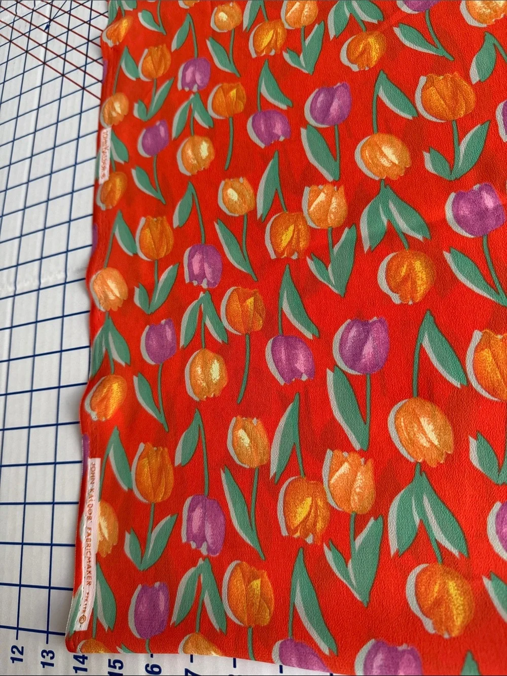 Vintage John Kaldor Fabric 3 Yds Tulip Floral Orange/Red Crepe Semi Sheer 44”